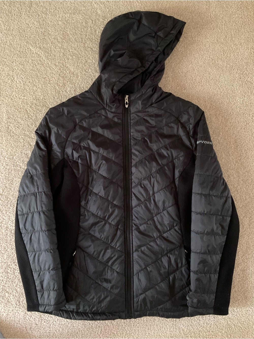 Spyder Black Quilted Hooded Full Zip Jacket, Large
